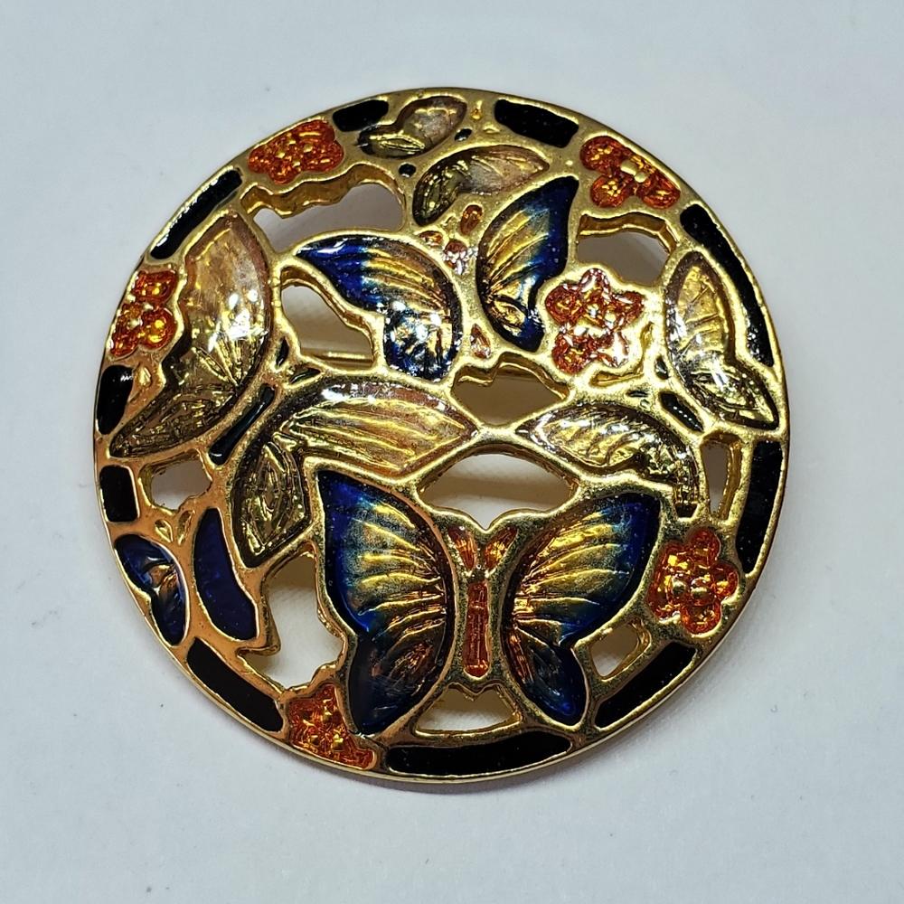Vintage Blue Orange Enamel Butterfly Flower Round Brooch